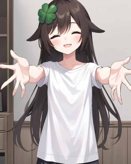 30865-3181149915-1girl, Kiki, four-leaf clover hairclip, standing, looking at viewer, upper body, white shirt, smile, outstretched arms, closed e.png